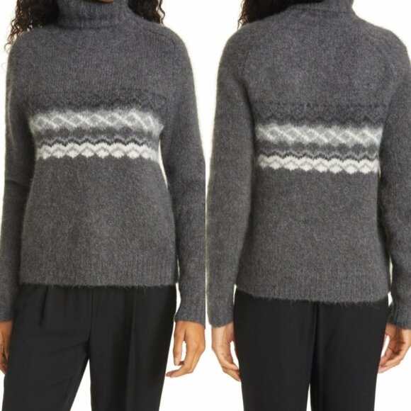 Nili Lotan Leane Baby Alpaca Wool Fair Isle Turtleneck Sweater‎ Knit Grey Size M - Picture 2 of 11